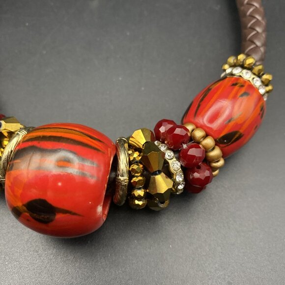 Chunky Choker Necklace Red Brown Copper Beads Glamour Braided Leather 17-20" - Picture 3 of 8